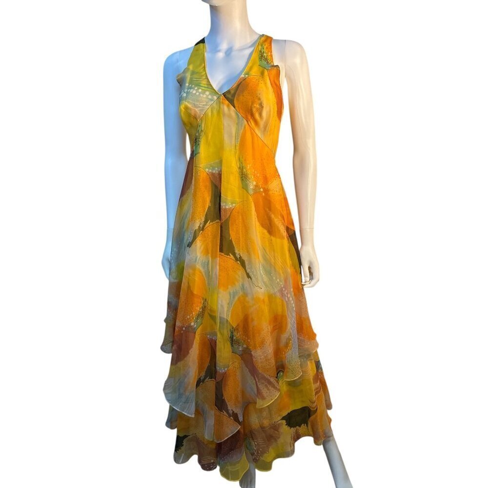 Marshall Rousso Vintage Caped Sleeveless Maxi Tiered Chiffon Yellow Size 6 EUC